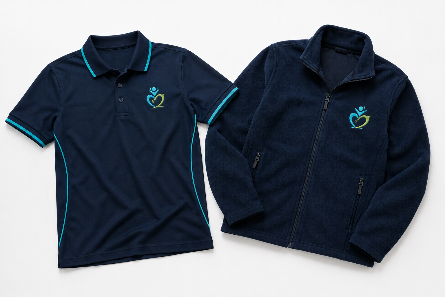 Prompt 5 — Custom branded polo shirt and fleece jacket for aged care and NDIS workers, ghost mannequin product shot, embroidered logo on chest, clean white studio background