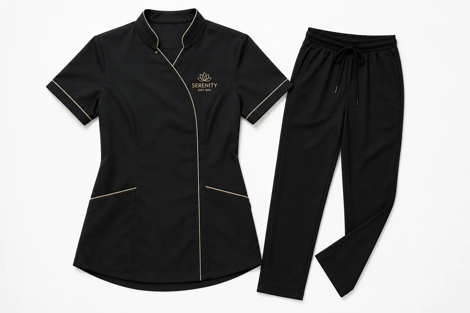Custom branded work uniform tunic for beauty therapists and spa staff