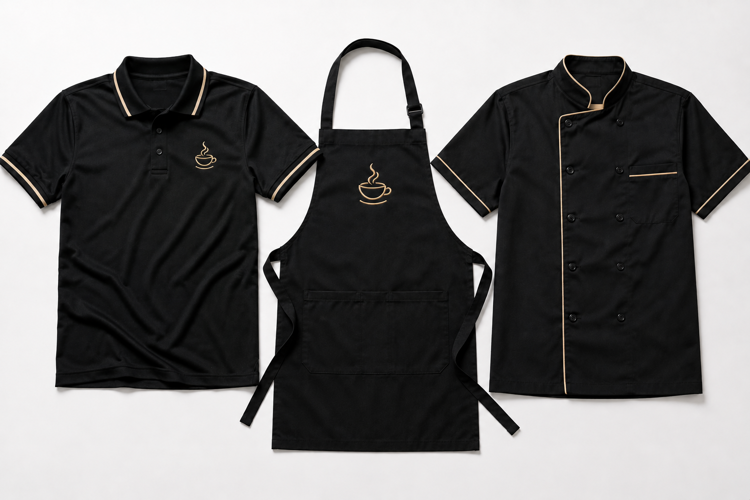 Prompt 3 — Custom branded polo shirt for restaurant and cafe staff, ghost mannequin product shot, embroidered logo on chest, clean white studio background