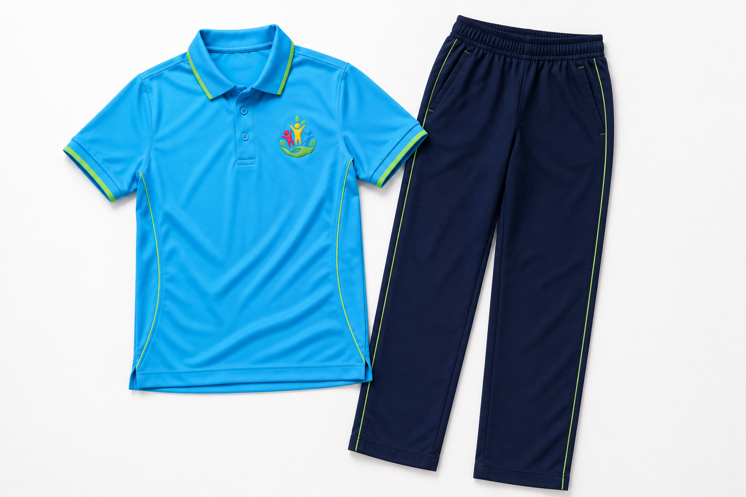 Prompt 7 — Custom branded polo shirt for childcare educators, ghost mannequin product shot, embroidered centre logo on chest, clean white studio background