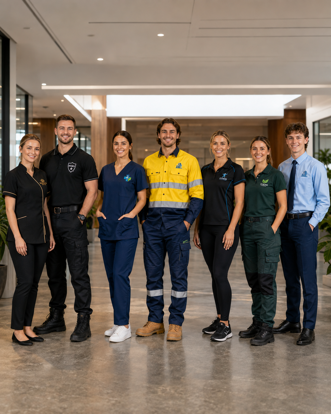 Prompt 2 — Homepage hero: split image showing six uniformed staff members side by side, restaurant, cafe, childcare, aged care, construction, gym, matching branded polos with embroidered logos