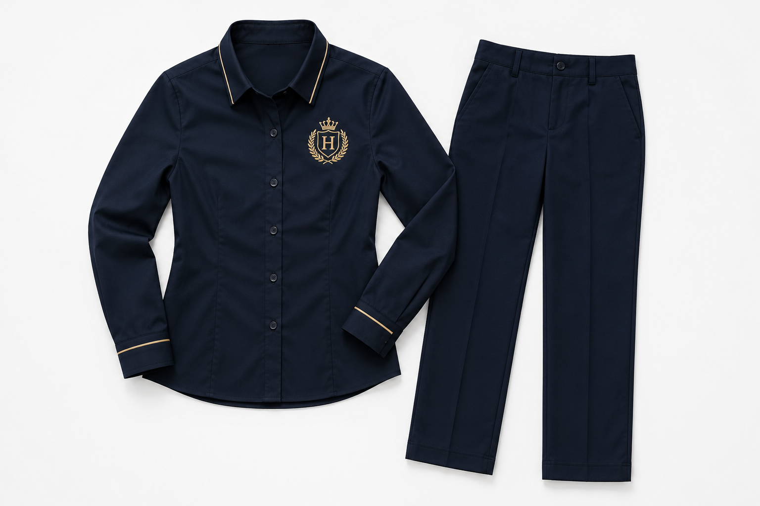 Prompt 9 — Custom branded uniform shirt for hotel staff, ghost mannequin product shot, embroidered hotel crest on chest, clean white studio background
