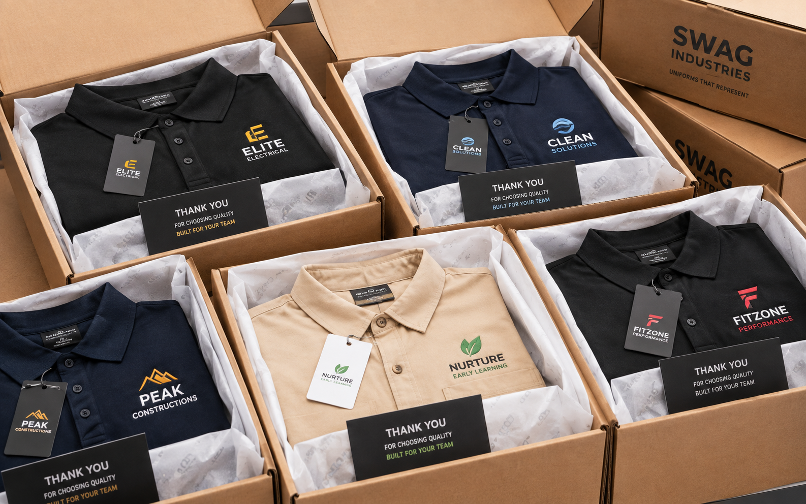 Prompt 30 — Neatly packed custom branded uniforms in open delivery boxes with tissue paper and branded labels