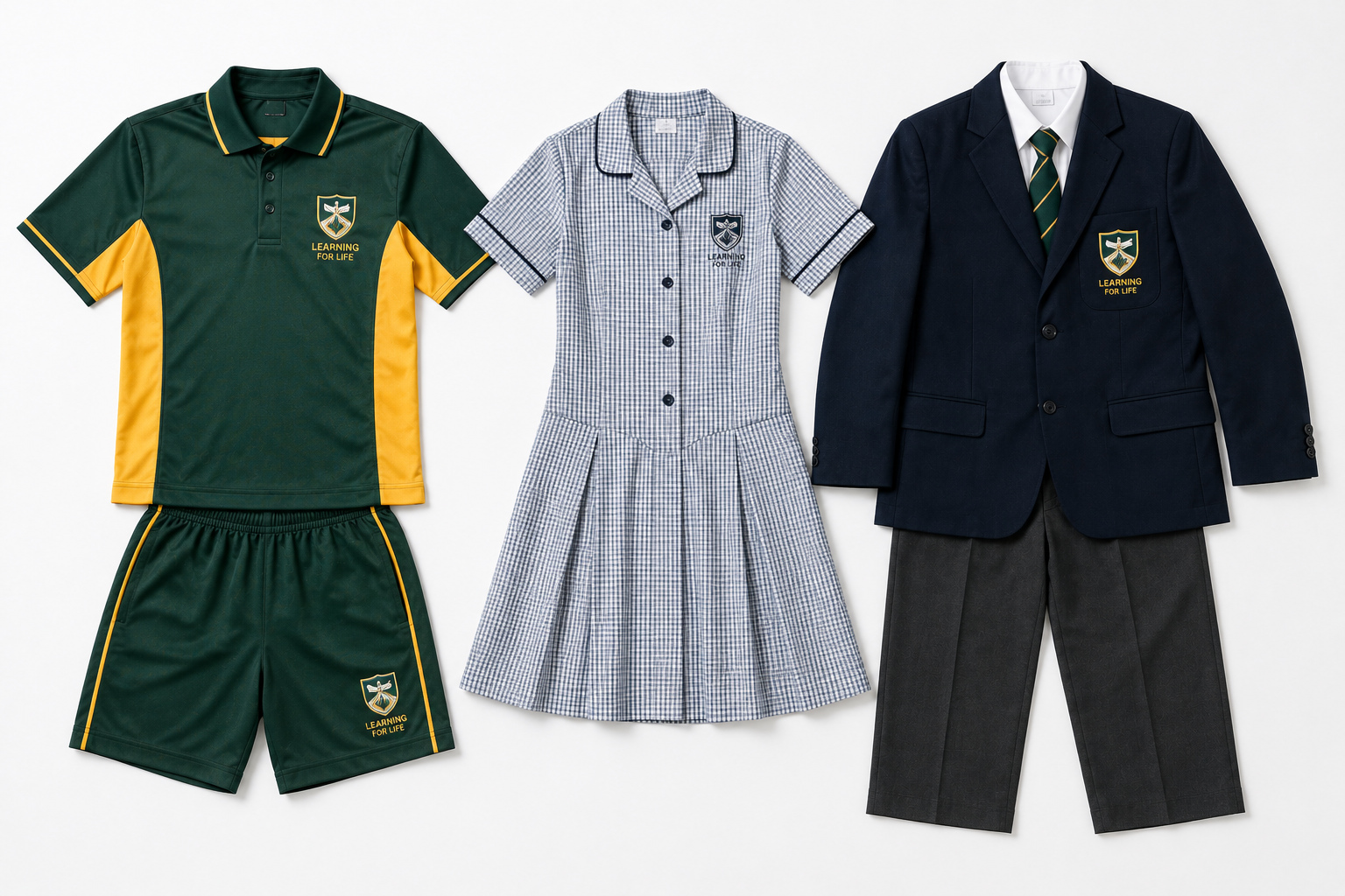 Prompt 24 — Custom branded polo shirt for school support staff, ghost mannequin product shot, embroidered school logo on chest, clean white studio background