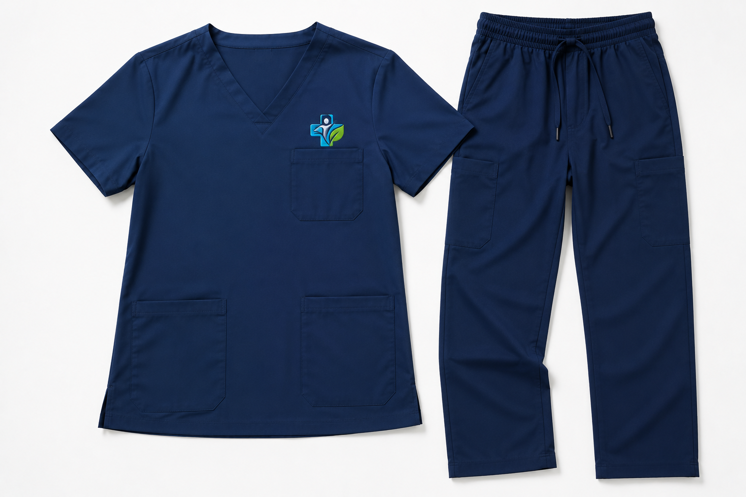 Prompt 17 — Custom branded scrub top for medical and clinical staff, ghost mannequin product shot, embroidered clinic logo on chest, clean white studio background