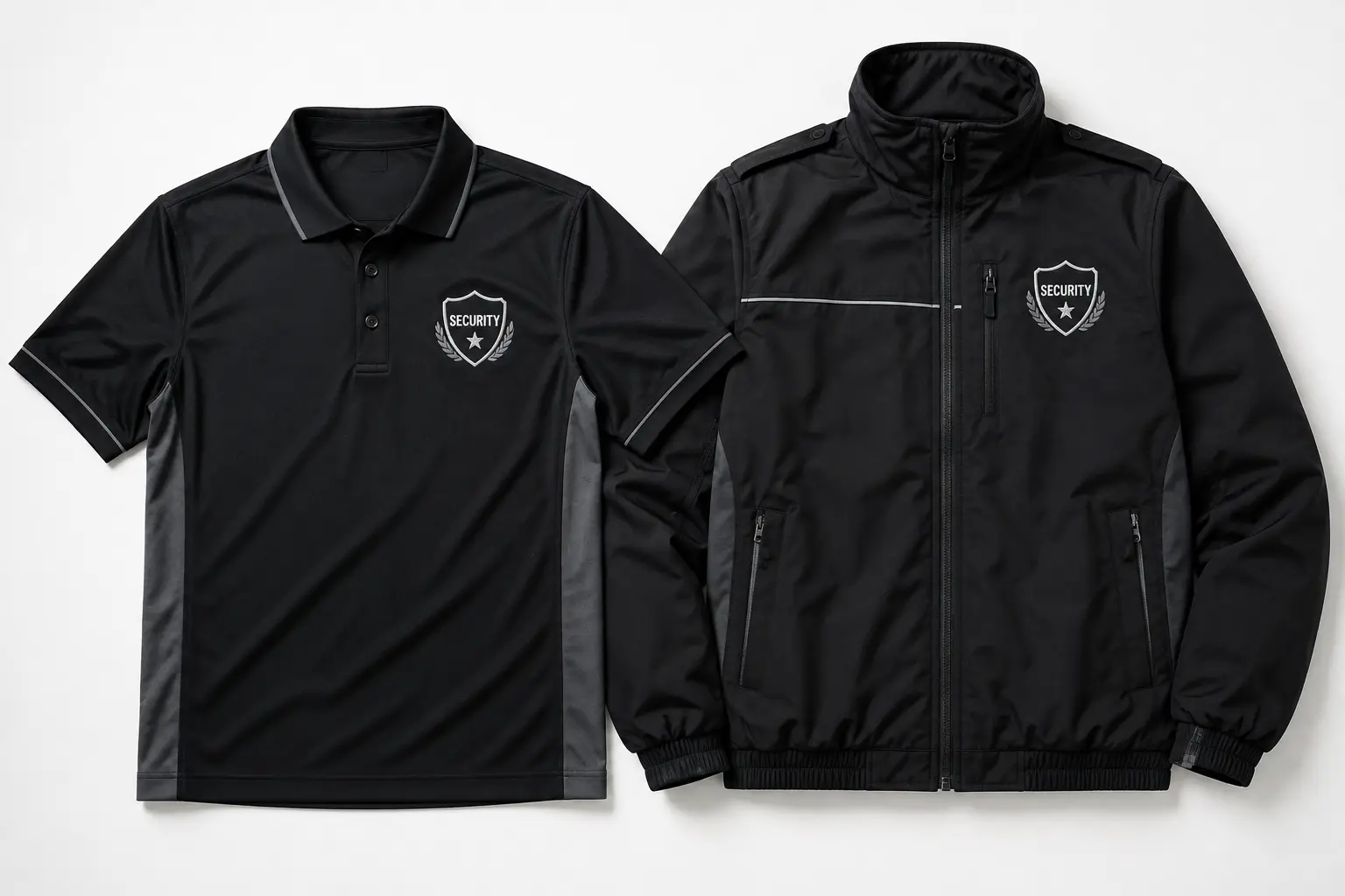 Custom branded work uniform polo shirt and jacket for security staff