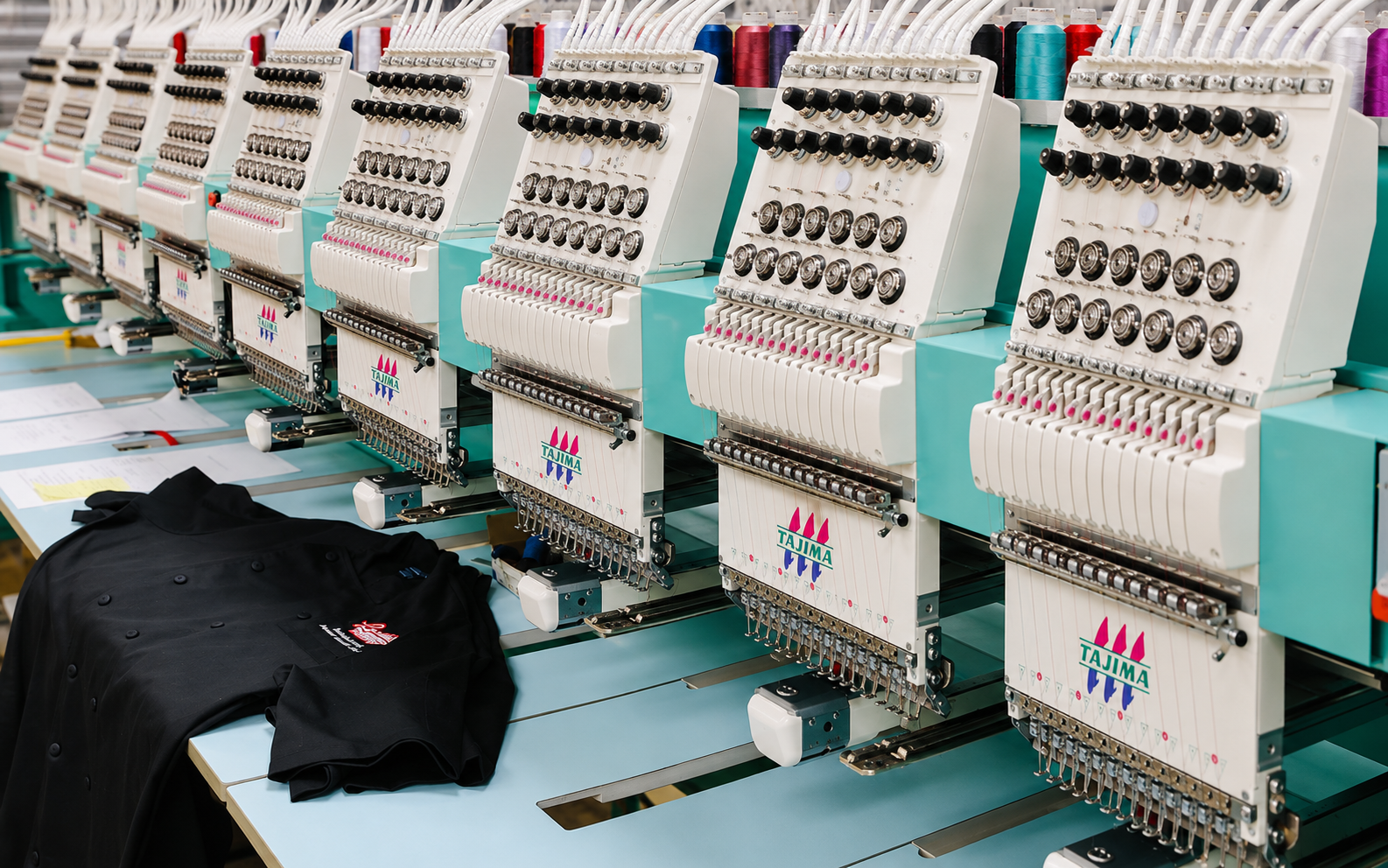 Prompt 28 — Professional garment factory floor in Sialkot Pakistan, rows of industrial sewing machines, workers at stations