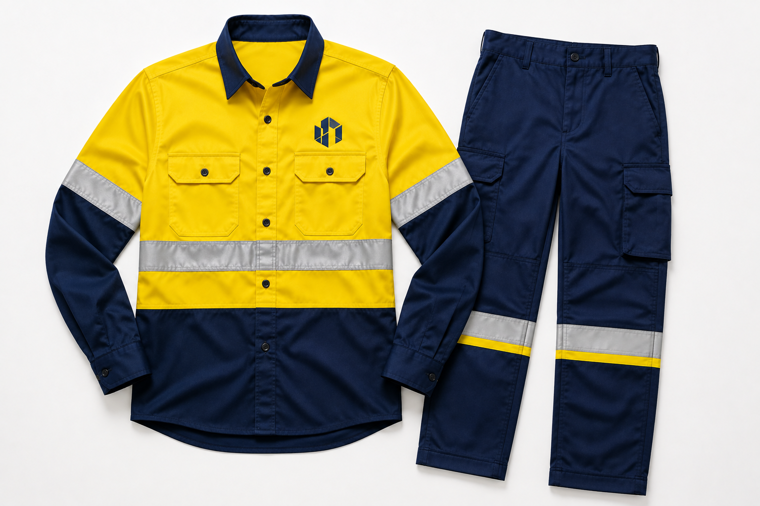 Prompt 11 — Custom branded hi-vis work shirt for construction and trades, ghost mannequin product shot, embroidered company logo on chest, clean white studio background